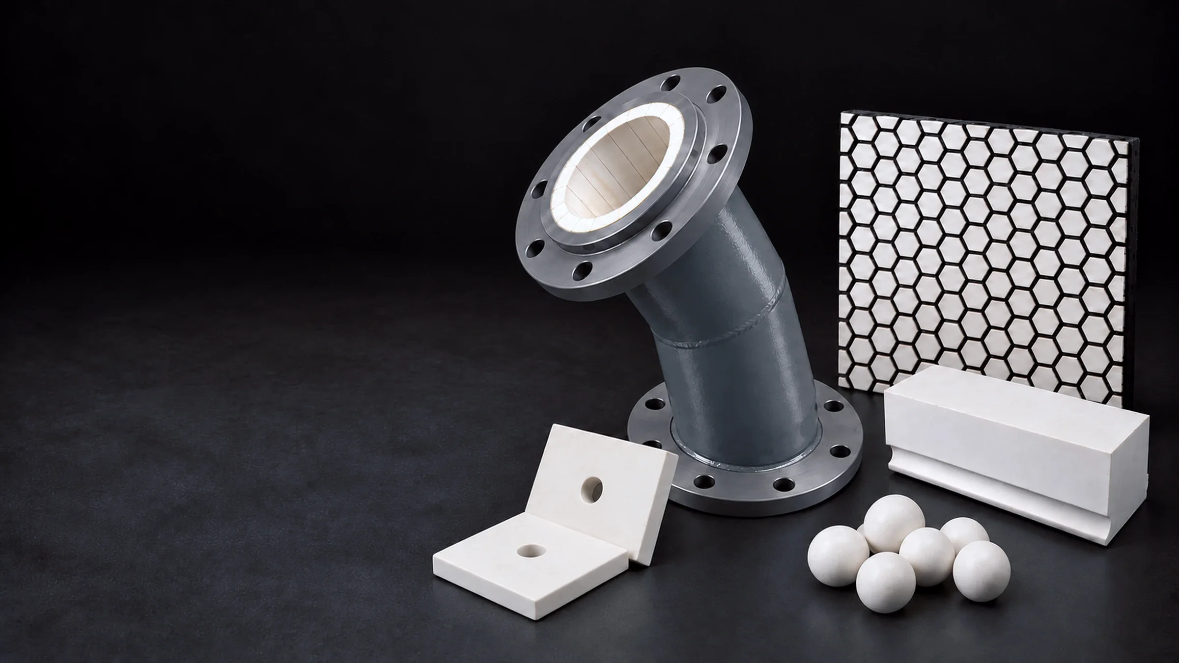 Alumina wear ceramics: ceramic-lined elbow, weld-on tiles, rubber-ceramic panel, lining brick and grinding balls